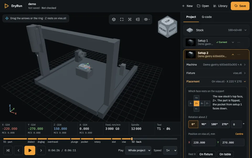 Setup 2's placement in the demo: the block turned face down in the vise, the cube net to pick the face that rests on the jaws and the gizmo in the viewport.