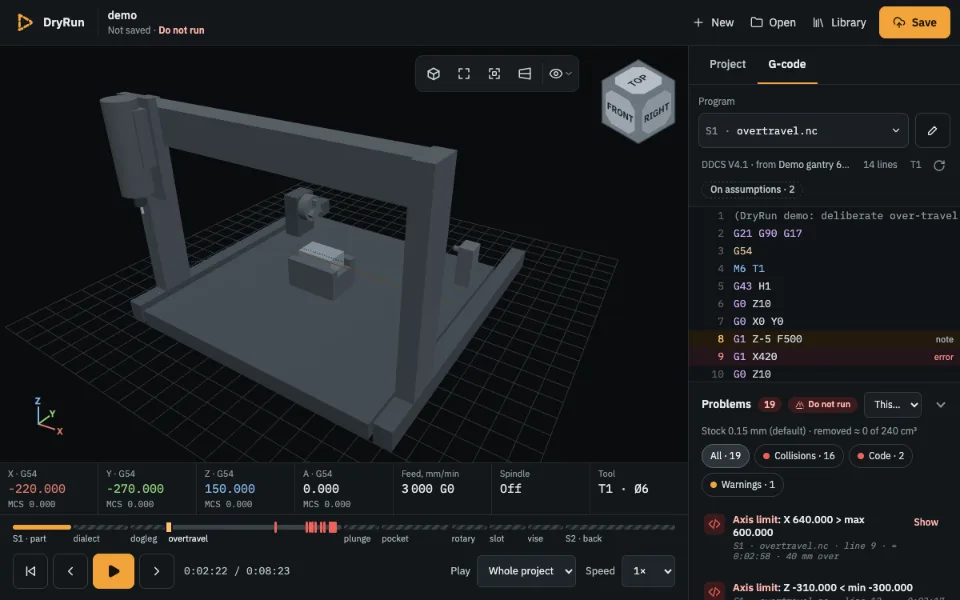The G-code tab on the demo's overtravel.nc: the Problems list with collisions and axis-limit errors, each with its setup, program and line.