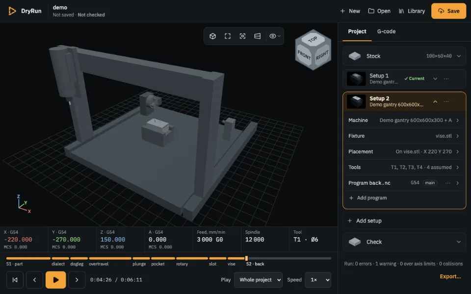 The Project tab of the two-setup demo: the Stock card and Setup 1 and Setup 2 with their machine, vise, placement and programs; Setup 2 open.