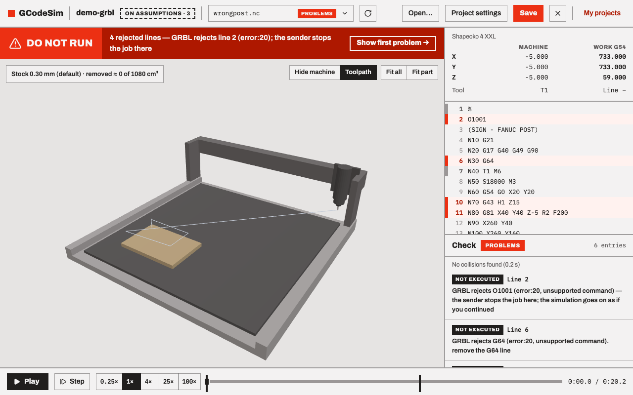 wrongpost.nc on the Shapeoko 4 XXL: DO NOT RUN for four rejected lines